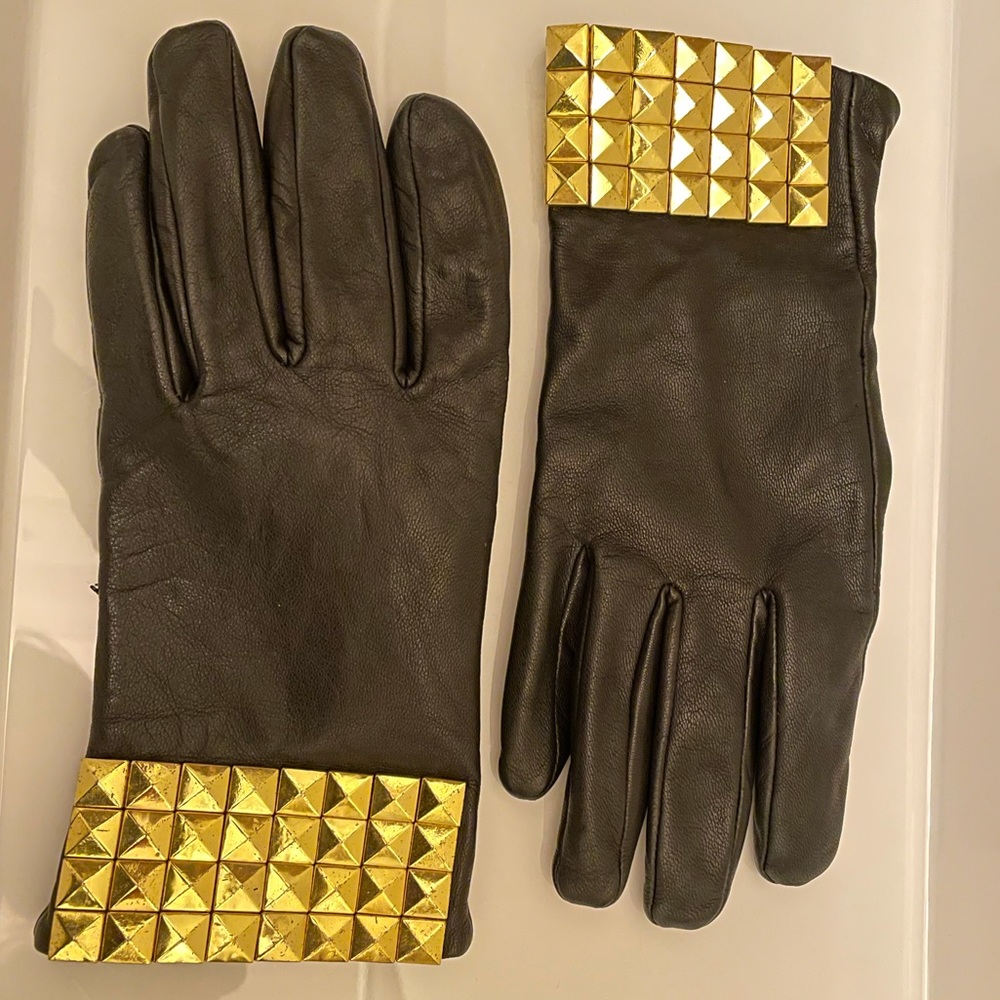 MICHAEL Michael Kors Black Leather Gloves w/ Gold Studs